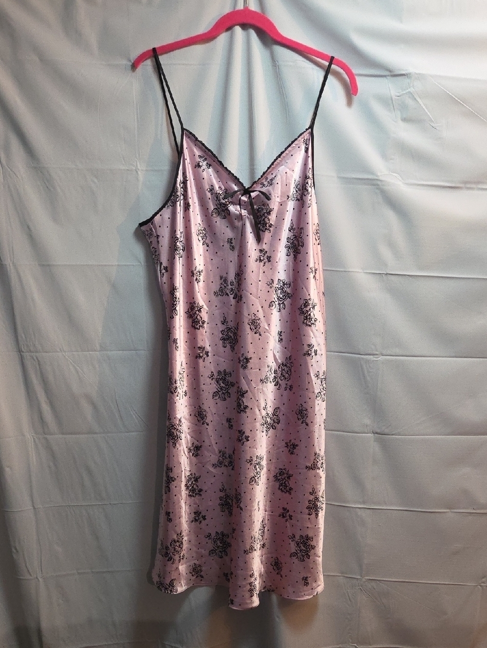 Y2K La Petite Coquette Pink Satin Slip Dress Floral Polka Dot Lingerie 1X